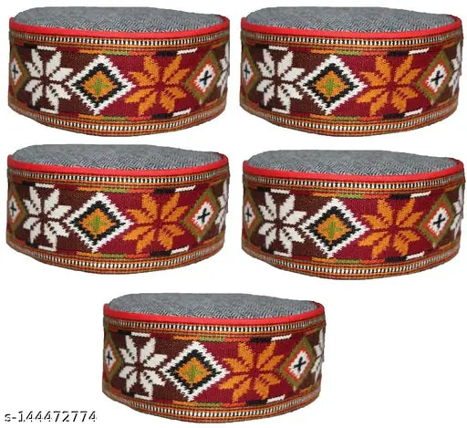 Cotton Himachali cap style, traditional pattern self-design, five-pack from India