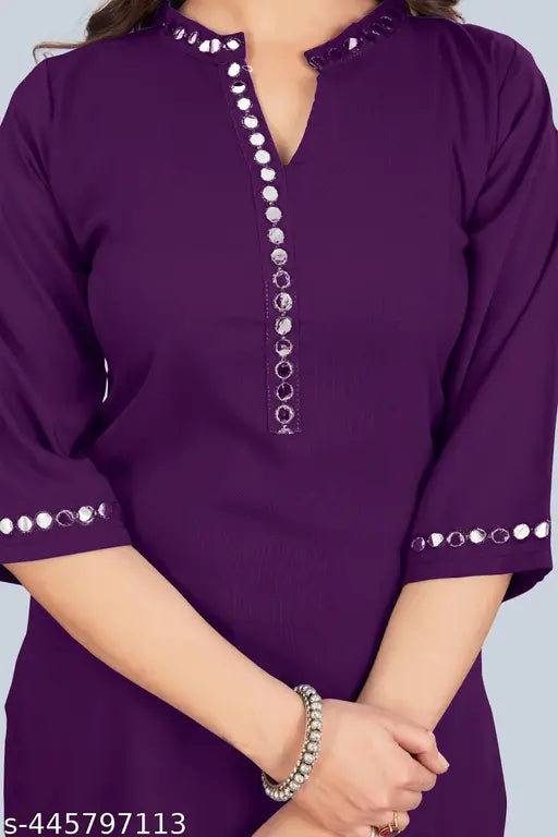 Women's viscose rayon Regular Fit Mirror Work kurti plazzo Set in solid pattern, three-quarter sleeve length with matching duppatta