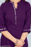 Women's viscose rayon Regular Fit Mirror Work kurti plazzo Set in solid pattern, three-quarter sleeve length with matching duppatta
