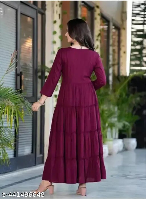 Rayon embroidered gown, single color with golden embroidery, women's size S-3XXL, India origin