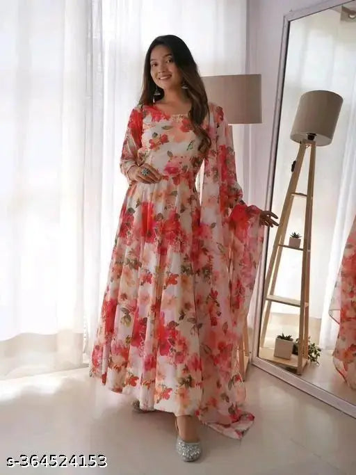 Printed Georgette Women's Kurti, long sleeves, V-neck, elegant lace detailing. Indian ethnic wear for parties, weddings, festivals." (125 characters)
