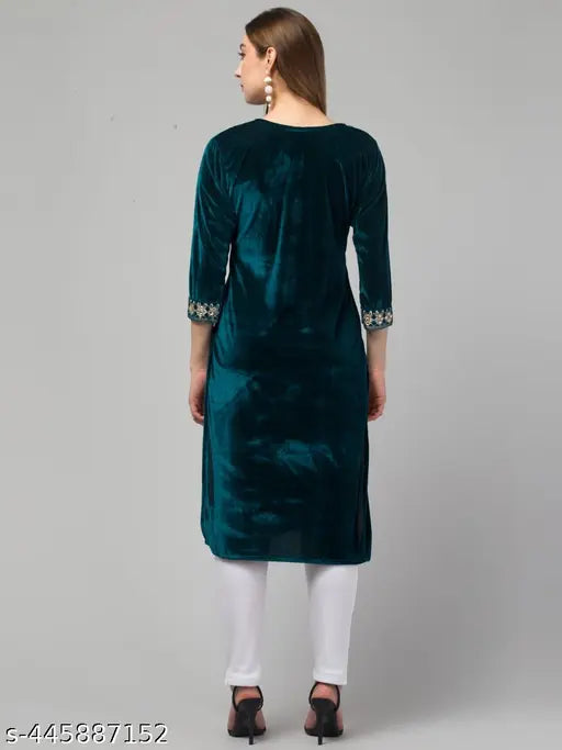 Velvet three-quarter sleeve kurti with Zari embroidery, premium quality Indian fashion for parties and office events