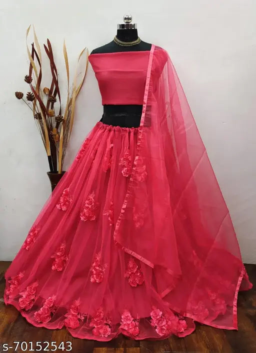 Satin-net lehenga ensemble, free size Indian bridal wear with lace detailing