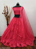 Satin-net lehenga ensemble, free size Indian bridal wear with lace detailing