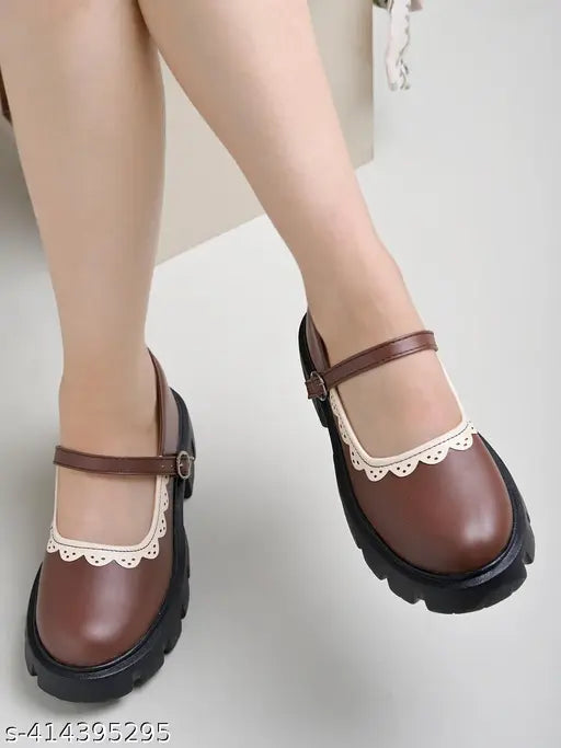 Synthetic round-toe brown Mary Janes with side buckle & white lace detailing for women and girls - India