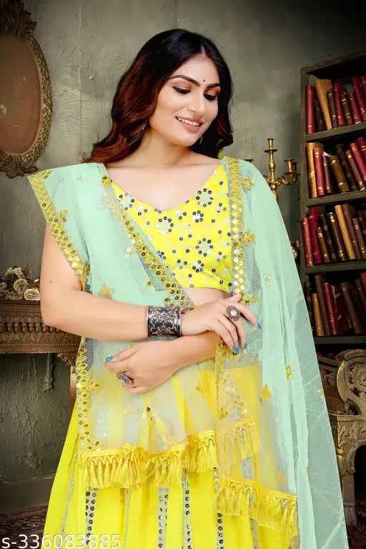 Embellished Georgette Lahenga Choli and Dupatta set, semi-stitched (Size 43), Indian designer women's fancy wear