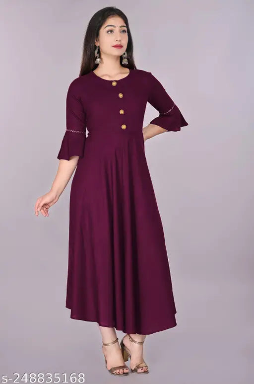 Purple Rayon Flared Kurti with Embroidery, 3/4 sleeves, suitable for casual and formal occasions. Hand wash or machine washable. Available in multiple sizes from XS to XXXL