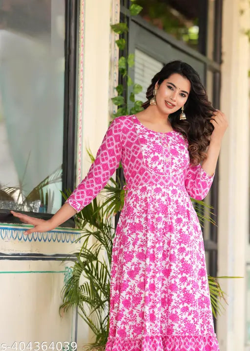 Rayon flared floral print kurta, three-quarter sleeves, traditional yet stylish Indian clothing for casual or formal wear