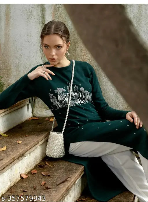 Embroidered wool winter wear kurta for women, long sleeves, solid print, size S (38in bust, 44in length)