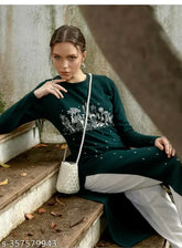 Embroidered wool winter wear kurta for women, long sleeves, solid print, size S (38in bust, 44in length)