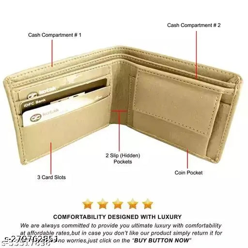 Beige textured PU leather bi-fold men's wallet with 2 cash and slip compartments, and 3 card slots