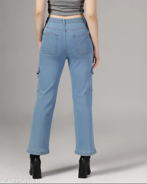 Light blue premium plus size mid-rise flared jeans, high-end cotton blend with stretch and designer look, ideal for summer pairs