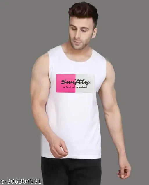 Men's pure cotton blend swiftly print Sando/Gym t-shirt, sleeveless and vibrant design, available in sizes S to XXL