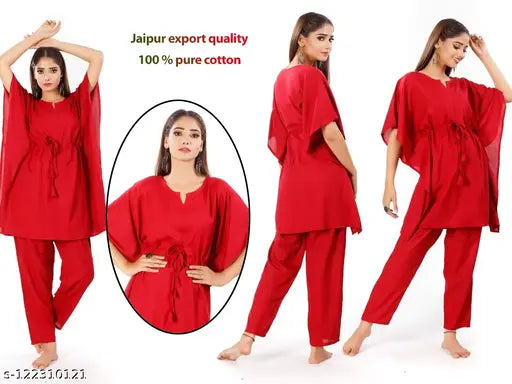 Rayon soft cotton kaftan nightsuit, comfortable & adjustable beige design for everyday and formal/casual occasions