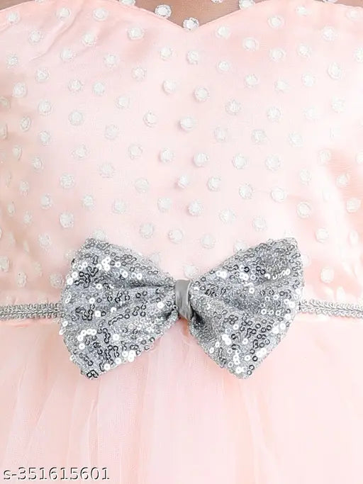 Peach foil print net dress for girls party wear, knee-length with light toy balloon design