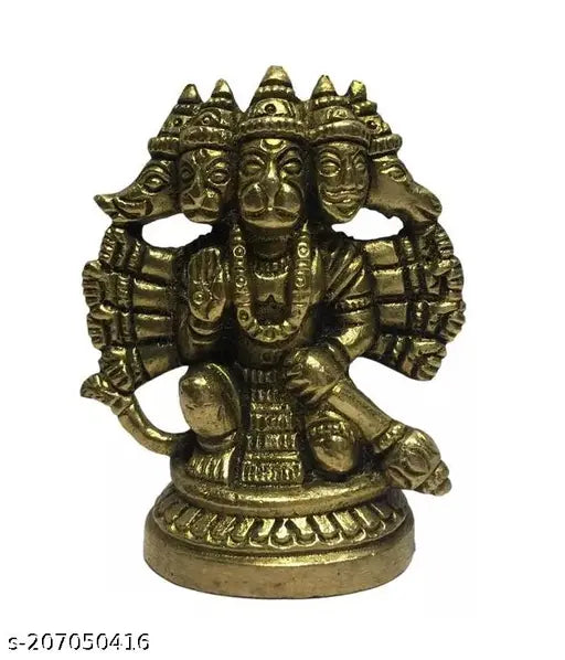 Brass Panchamukha Hanuman statue, Indian god idol kneeling in ashirvad posture, intricate detailing