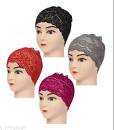 Black-Red-Purple-Grey Monati Under Hijab Net Design Headscarf Cap Pack (4pcs) - Stretchable cotton head wrap for a comfortable, trendy hijab wardrobe