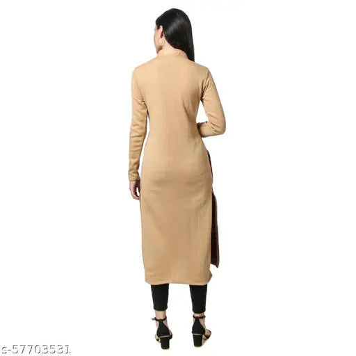 Beige woolen crepe, colorblocked women's straight kurti with three-quarter sleeves - India origin