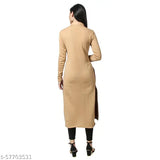 Beige woolen crepe, colorblocked women's straight kurti with three-quarter sleeves - India origin