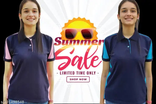 Navy Blue & Ferozi Collar Cotton Blend T-Shirt for Women & Girls, colorblocked design, ideal for summer casual wear