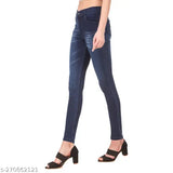 Dark blue stretchable denim jeans for women, solid print, high-quality fabric, mid-rise, 5-pocket design