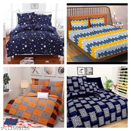Indian-made, geometric-patterned Polycotton superfine king-size double bedsheets & pillow covers set - ideal for AC rooms