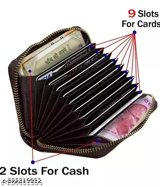 Black leather wallet with zipper card holder, faux leather for sleek style and durability, five compartments for organization, solid pattern in free size with dimensions 11cm x 8cm, made in India