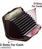 Black leather wallet with zipper card holder, faux leather for sleek style and durability, five compartments for organization, solid pattern in free size with dimensions 11cm x 8cm, made in India