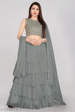 Embroidered satin lehenga top with ruffled net bottom and lace dupatta, semi-stitched for alteration up to 42 inches, India