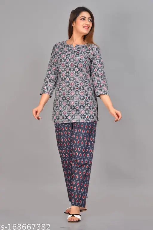 Grey cotton printed top & pyjama set, pure premium limited edition, three-quarter sleeves, fitted style on a clothing hanger