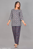 Grey cotton printed top & pyjama set, pure premium limited edition, three-quarter sleeves, fitted style on a clothing hanger