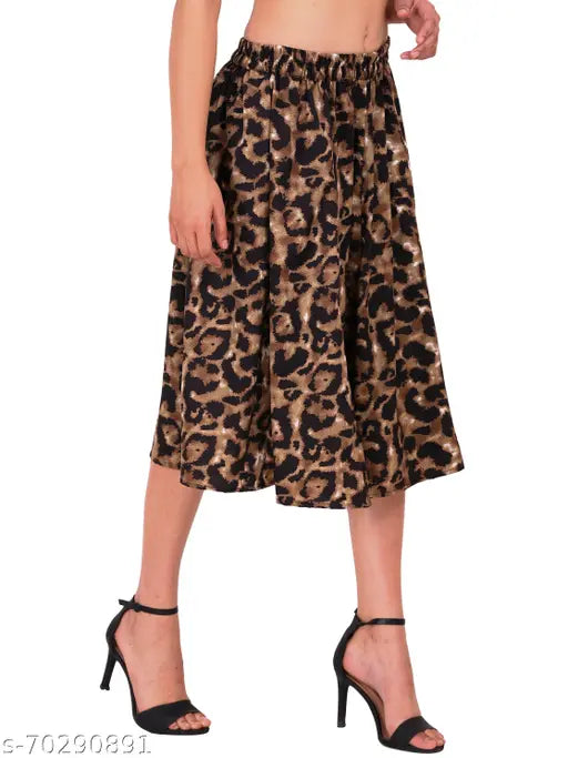Navy Blue Brown Floral Print Mid Calf Length Women's Skirt Combo, IBPanel polyester, flared design on display