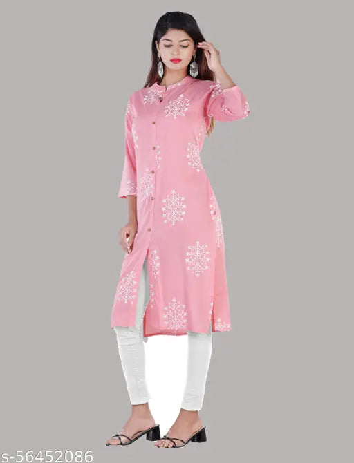 Pink rayon kurta with printed combo, three-quarter sleeves. Pink color Indian traditional women's clothing