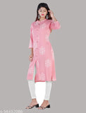 Pink rayon kurta with printed combo, three-quarter sleeves. Pink color Indian traditional women's clothing