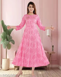 Pink Rayon Anarkali Kurti Dress - Stylish Flared Gown Designer Partywear, trendy print & sequins work