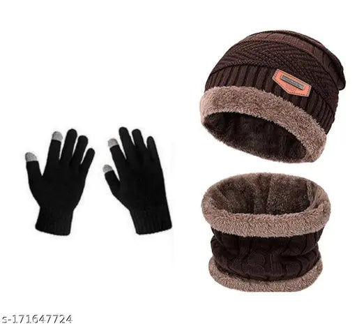 Brown woolen BTS Caps set: Beanie hat, scarf, & touchscreen gloves (3-piece) - warm & stylish winter accessory for men and women