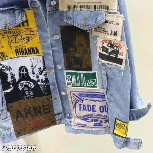 Blue denim casual long sleeve jacket, printed fabric denim jacket by RKK COLLECTIONS for women and girls