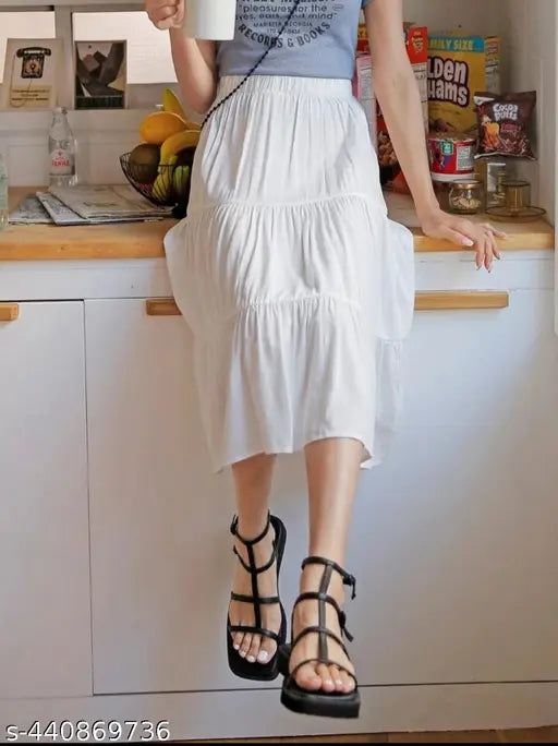 White rayon midi skirt for women, solid net pattern, 3m length, various sizes available from India