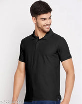 Black solid Lycra short sleeve Selvia Men's T-shirt, soft texture for casual wear with classic collar and button down pattern, originates from India