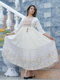 White rayon long-sleeved embroidered Anarkali Kurta with multi print pattern, ideal for girls and women