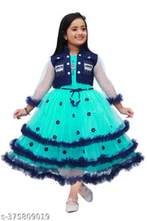 Mint green net party dress with lace flowers for kids, three-quarter sleeves and round neck - special occasion wear