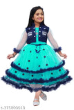 Mint green net party dress with lace flowers for kids, three-quarter sleeves and round neck - special occasion wear