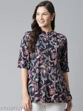 Divena Blue Printed Rayon Top - Three-Quarter Sleeves, Apple Bottom Cut, Semi Collar Neck. Elegant office wear or casual outfit from Divena." (116 characters)