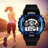 Multi Function Sports Digital Kids Watch with Light for Boys & Girls - Black strap, stainless steel back casing, digital display with 7 different backlights