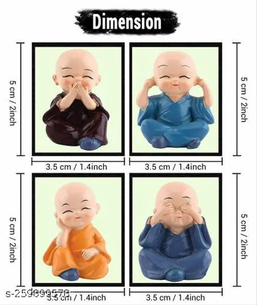 Indian-made set of 4 small poly resin Buddha figurines, 1.5cm tall and 0.5cm wide & deep