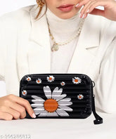 Navy blue PU sling bag with detachable belt and handbelt, perfect for travel. Spacious floral net compartment, free size