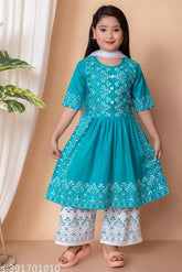 Embroidered rayon palazzo sets for girls with naira print, sizes ranging from 1-2 years to 10 years. Made in India, high-quality finishing