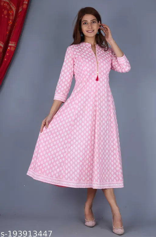 Beautiful cotton Anarkali Kurta, three-quarter sleeves, printed combo design, M (38in bust, 40in length), India