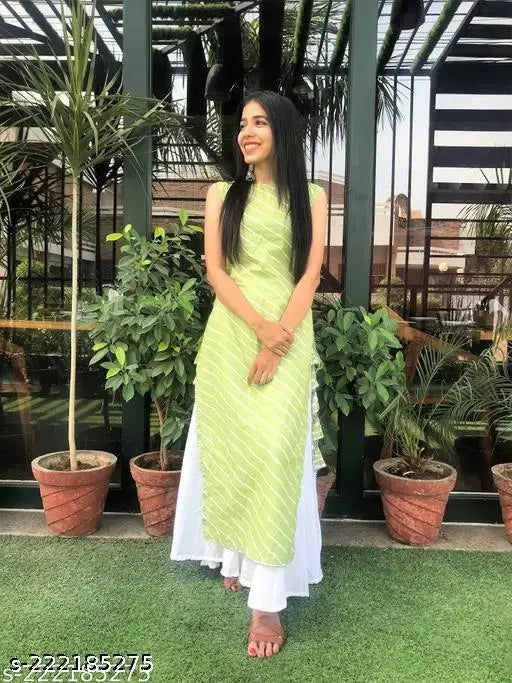 Designer-stitched green gota work Leheriya cotton kurta set with matching palazzos, printed and sleeveless. Sizes range from XXS to XXL. Made in India