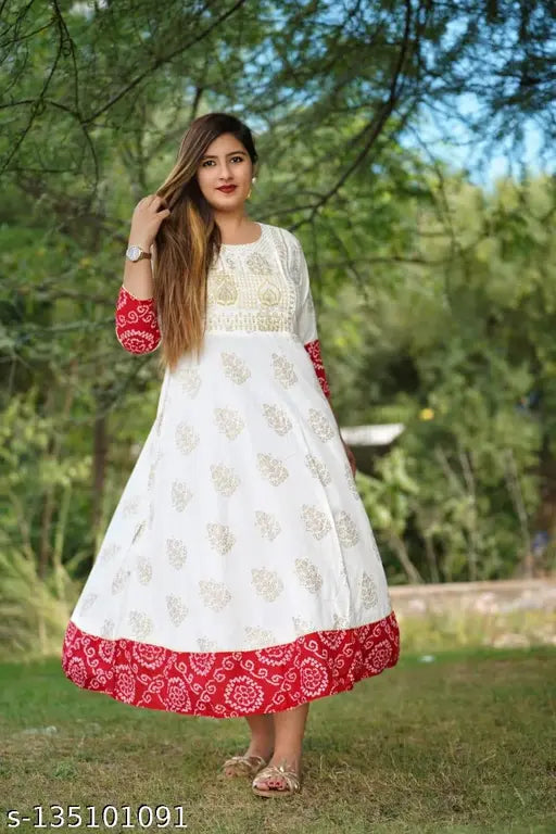 Printed white rayon ghera anarkali kurta with bandhej border, perfect for casual or festive wear